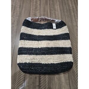 Talbots Bag Black Striped Paper Straw Woven Beachy Resort Coastal Grandma Preppy